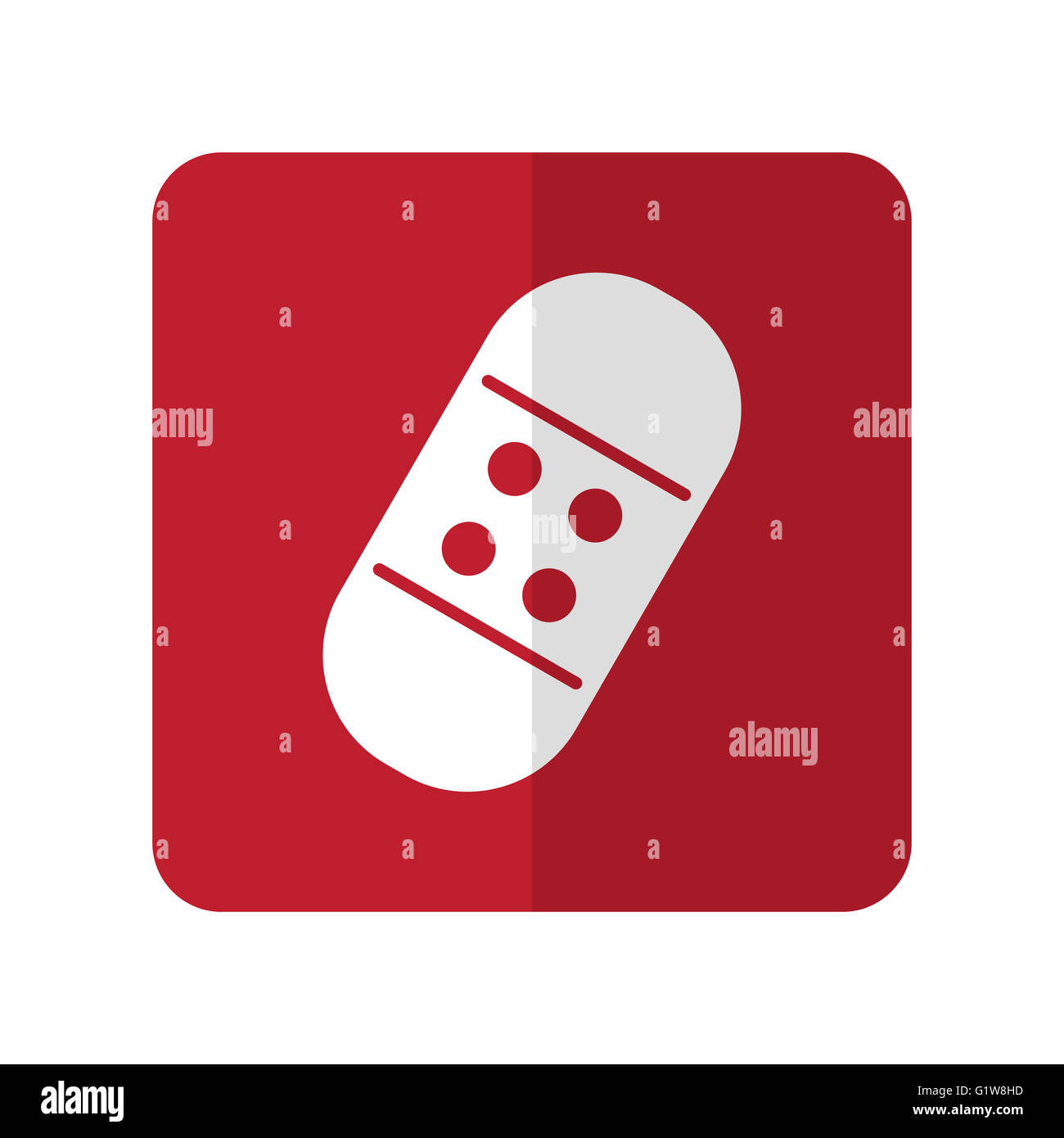 Bianco di bendaggio adesivo icona piatta su rosso quadrato con angoli arrotondati su bianco Foto Stock