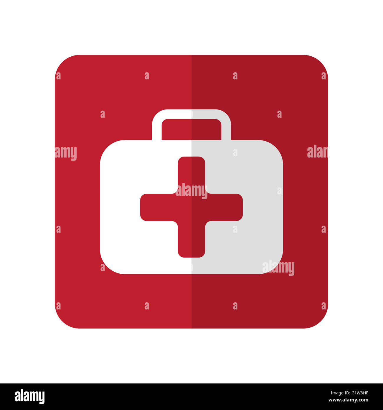 White Kit di primo soccorso icona piatta su rosso quadrato con angoli arrotondati su bianco Foto Stock