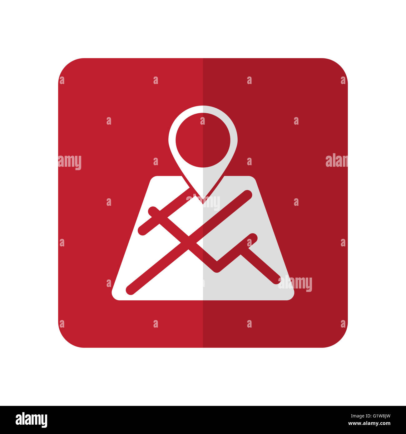White Puntatore Mappa icona piatta su rosso quadrato con angoli arrotondati su bianco Foto Stock