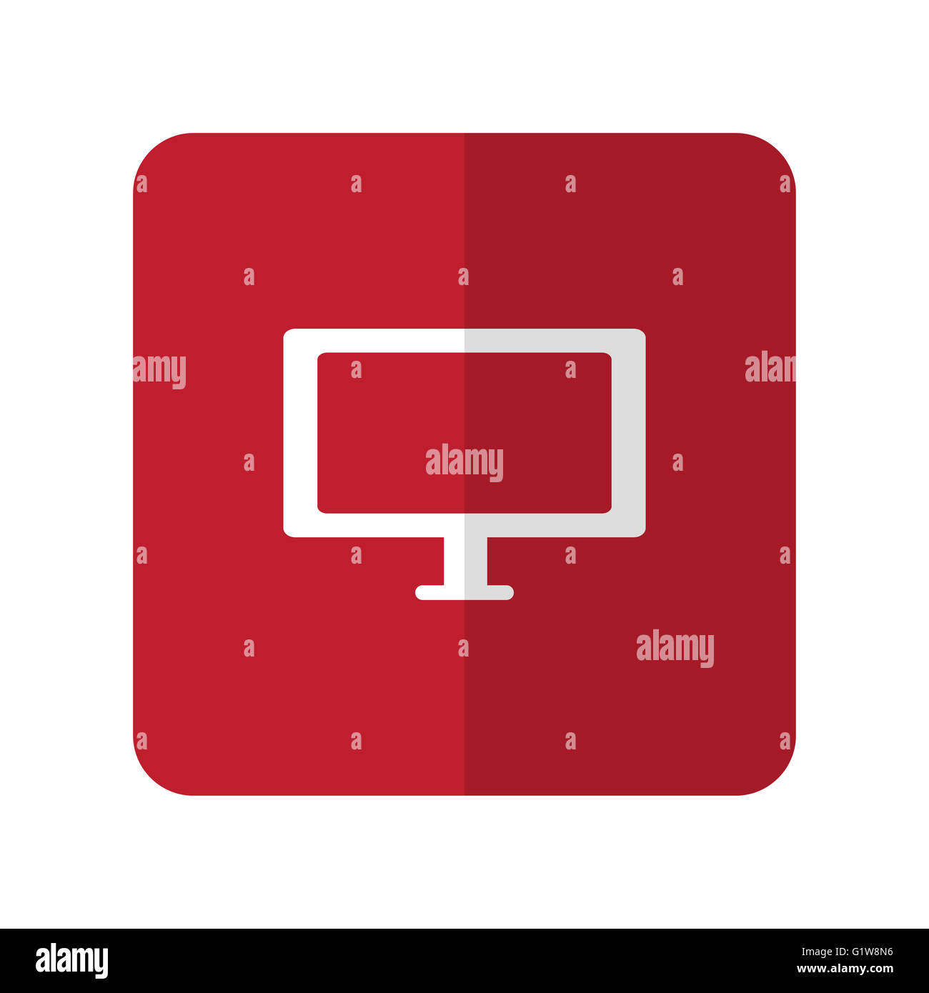 Calcolatore bianco schermo icona piatta su rosso quadrato con angoli arrotondati su bianco Foto Stock