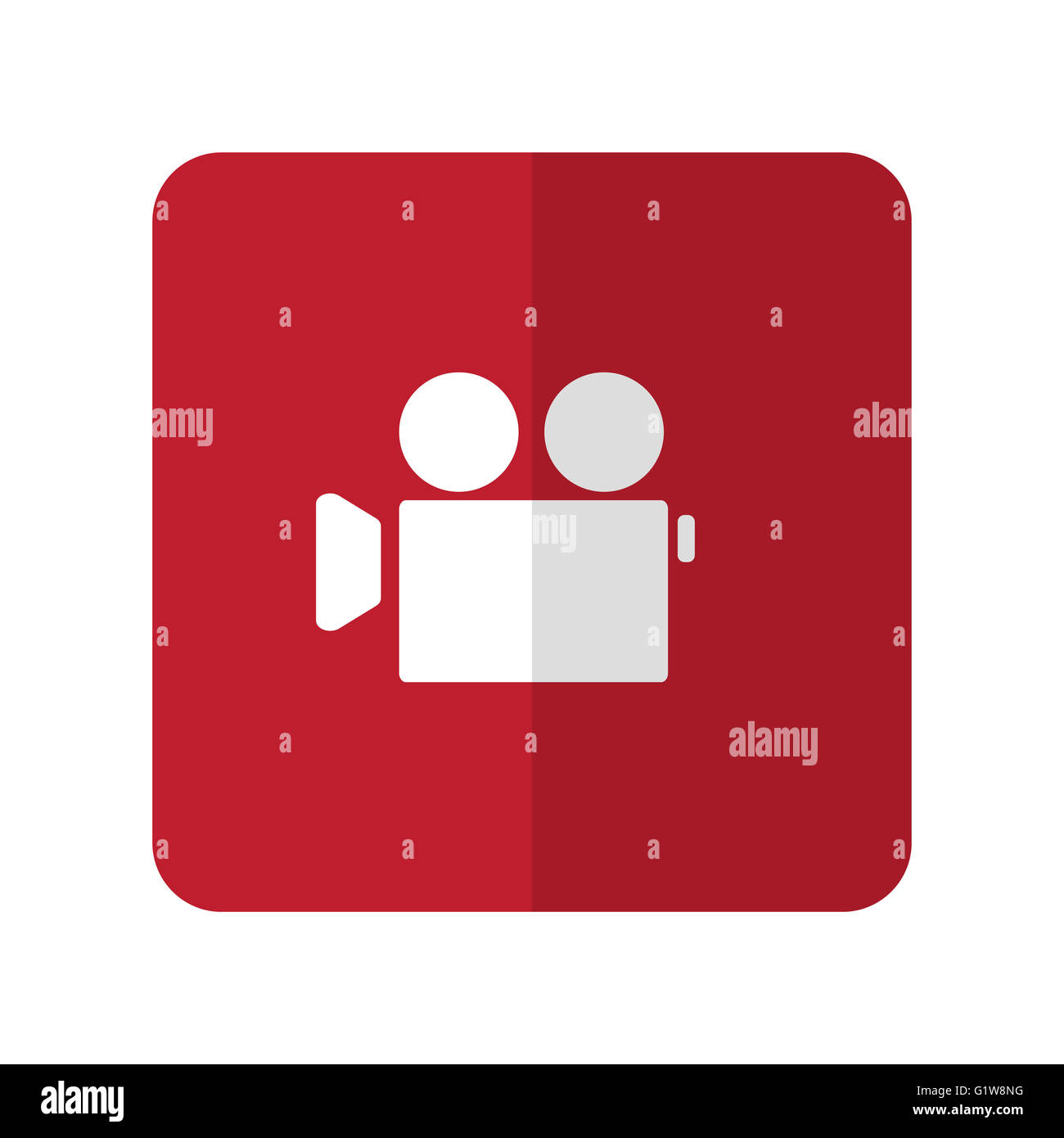 White Videocamera icona piatta su rosso quadrato con angoli arrotondati su bianco Foto Stock
