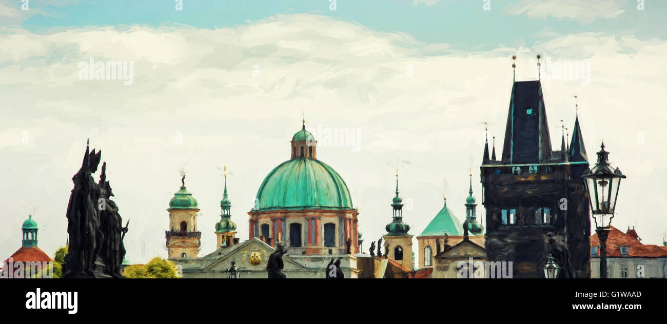 Scena storica di Praga Repubblica Ceca, Europa centrale. Illustrazione con matite colorate. Il patrimonio culturale. Tecnica. Foto Stock