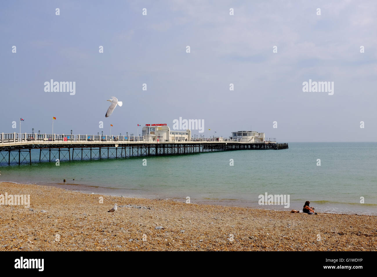 Worthing West Sussex Regno Unito Vista - Worthing Pier dalla spiaggia Foto Stock