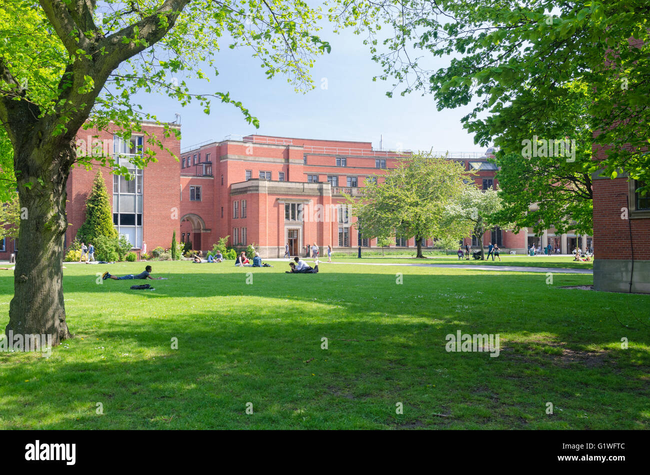 Spazi verdi aperti a Birmingham University campus Foto Stock