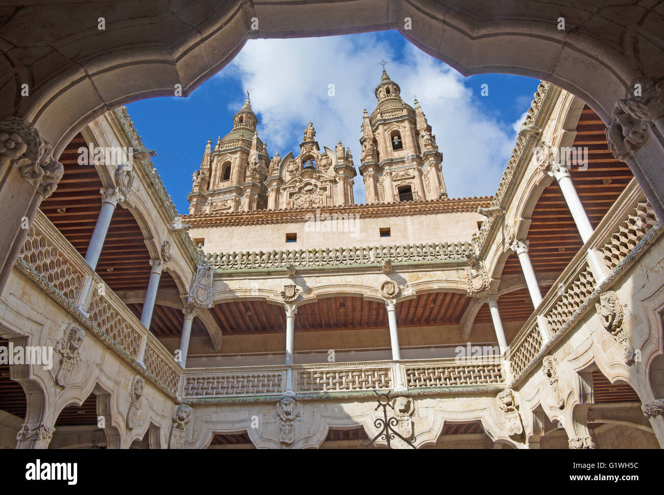 SALAMANCA, Spagna, aprile - 17, 2016: l'atrio della Casa de las Conchas - Casa di conchiglie e le torri della Pontificia Università. Foto Stock