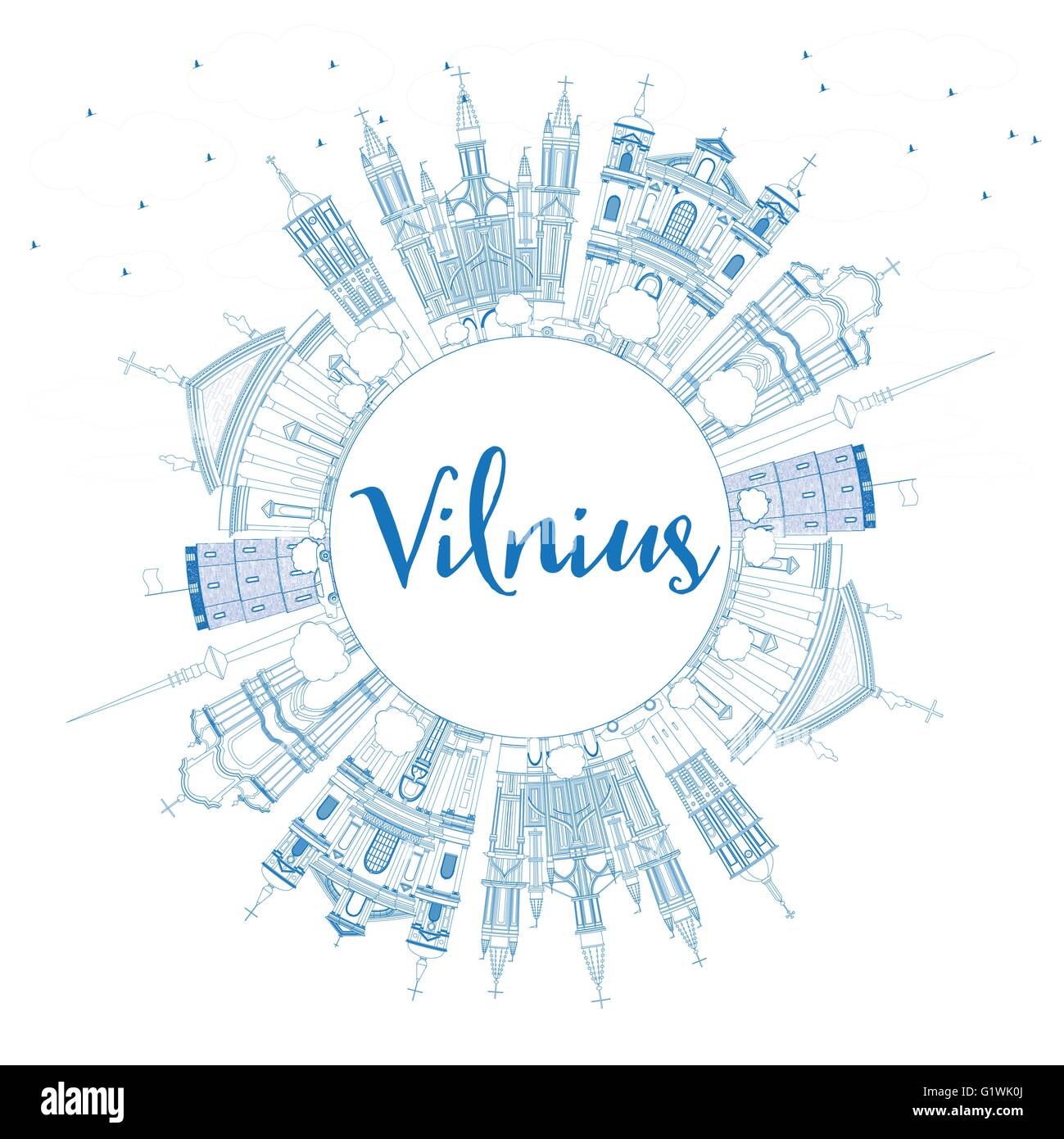 Profilo dello Skyline di Vilnius con punti di riferimento Blu e copia di spazio. Illustrazione Vettoriale. Viaggi di affari e turismo Concept Illustrazione Vettoriale