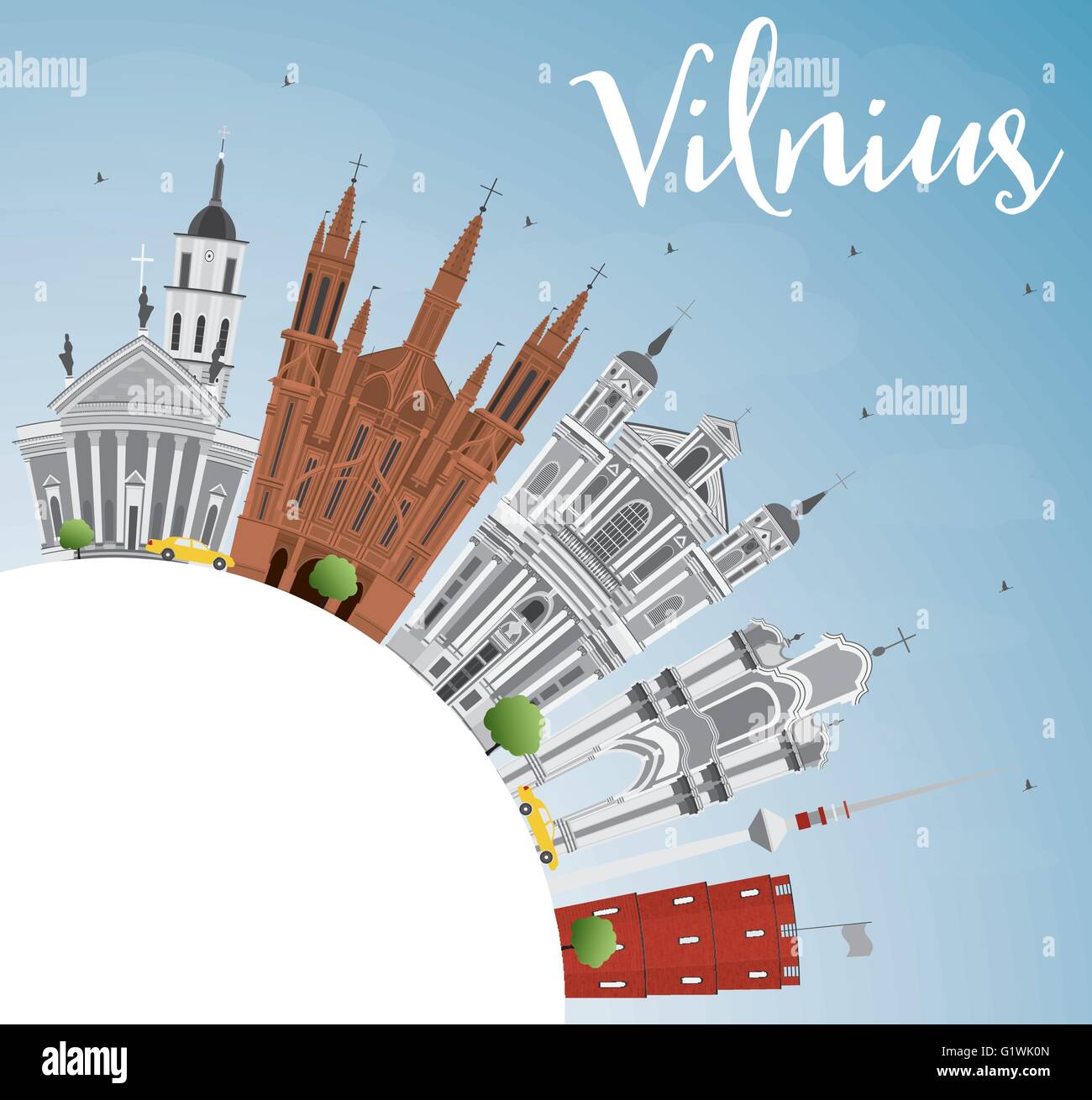 Lo Skyline di Vilnius con punti di riferimento di colore grigio, blu cielo e spazio di copia. Illustrazione Vettoriale. Viaggi di affari e turismo Concept Illustrazione Vettoriale