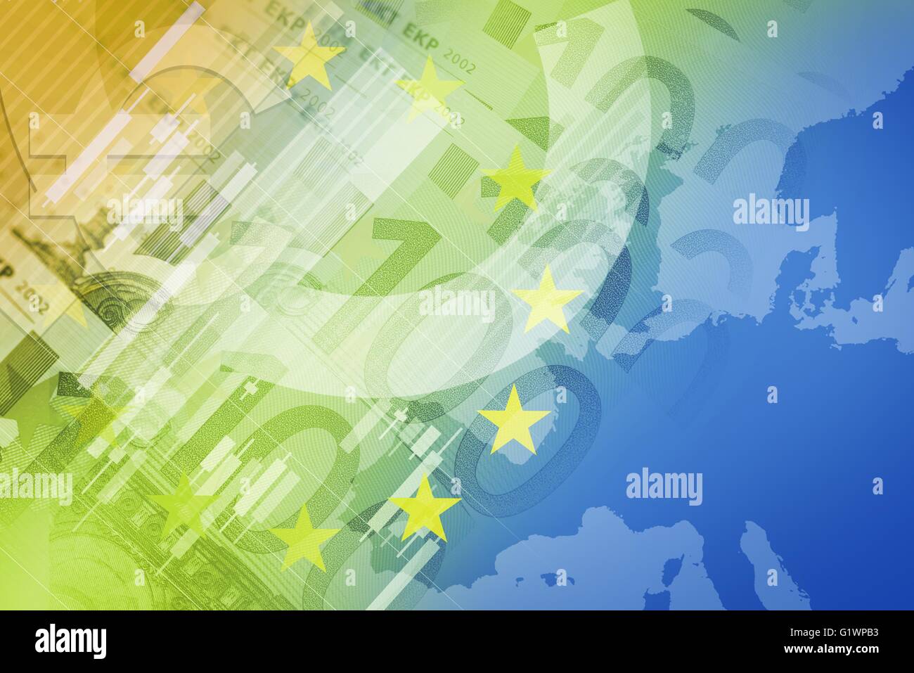 Unione Europea finanziaria Immagine concettuale. Valuta Euro e bandiera UE. Foto Stock