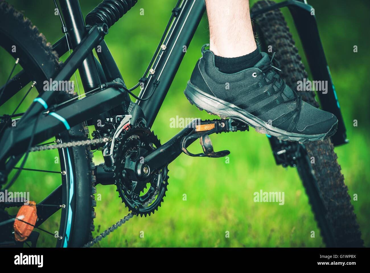 Outdoor Mountain Bike Closeup Photo. Foto Stock