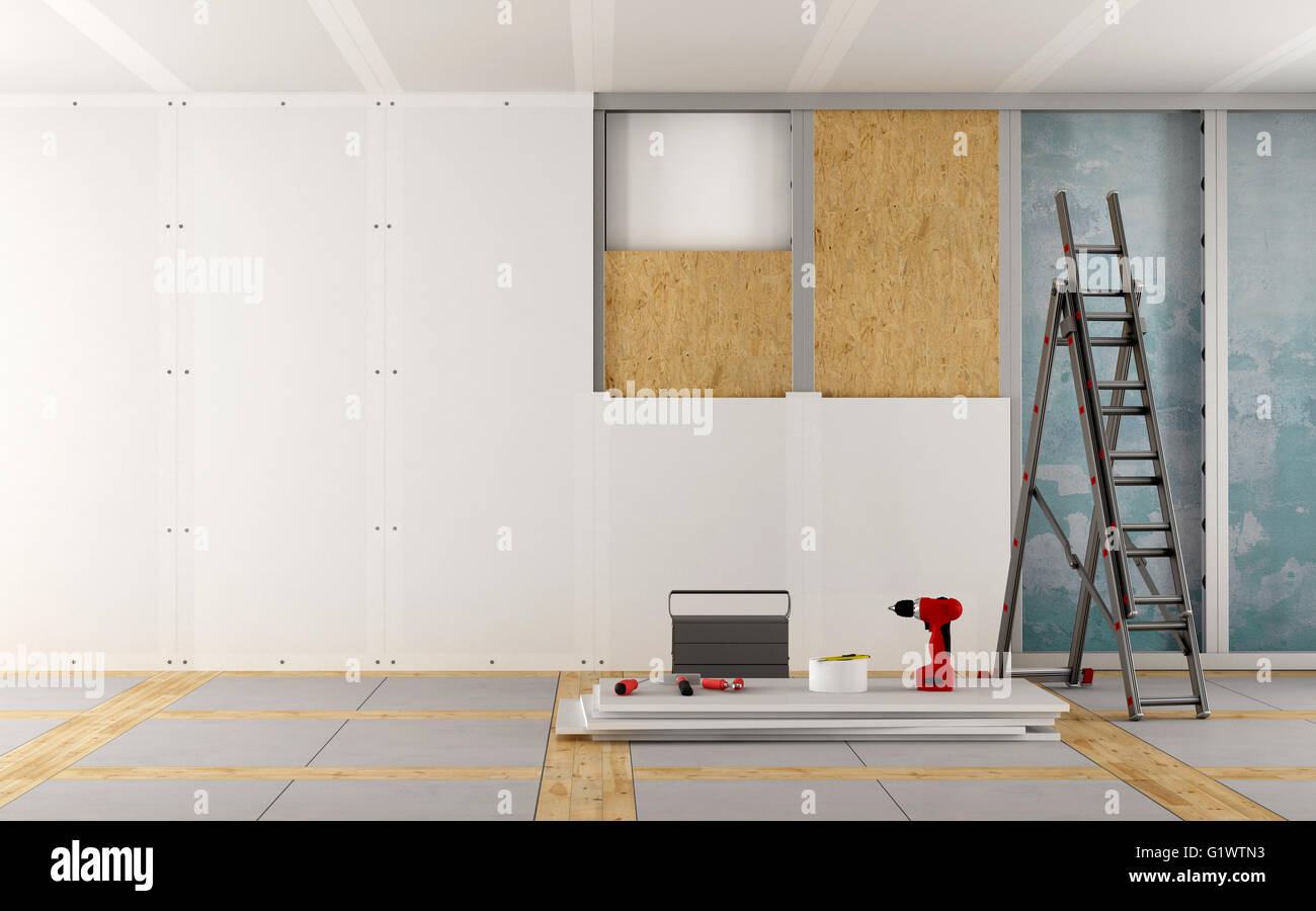 Ristrutturazione di una vecchia casa con cartongesso e pannelli in fibra di  legno - il rendering 3D Foto stock - Alamy