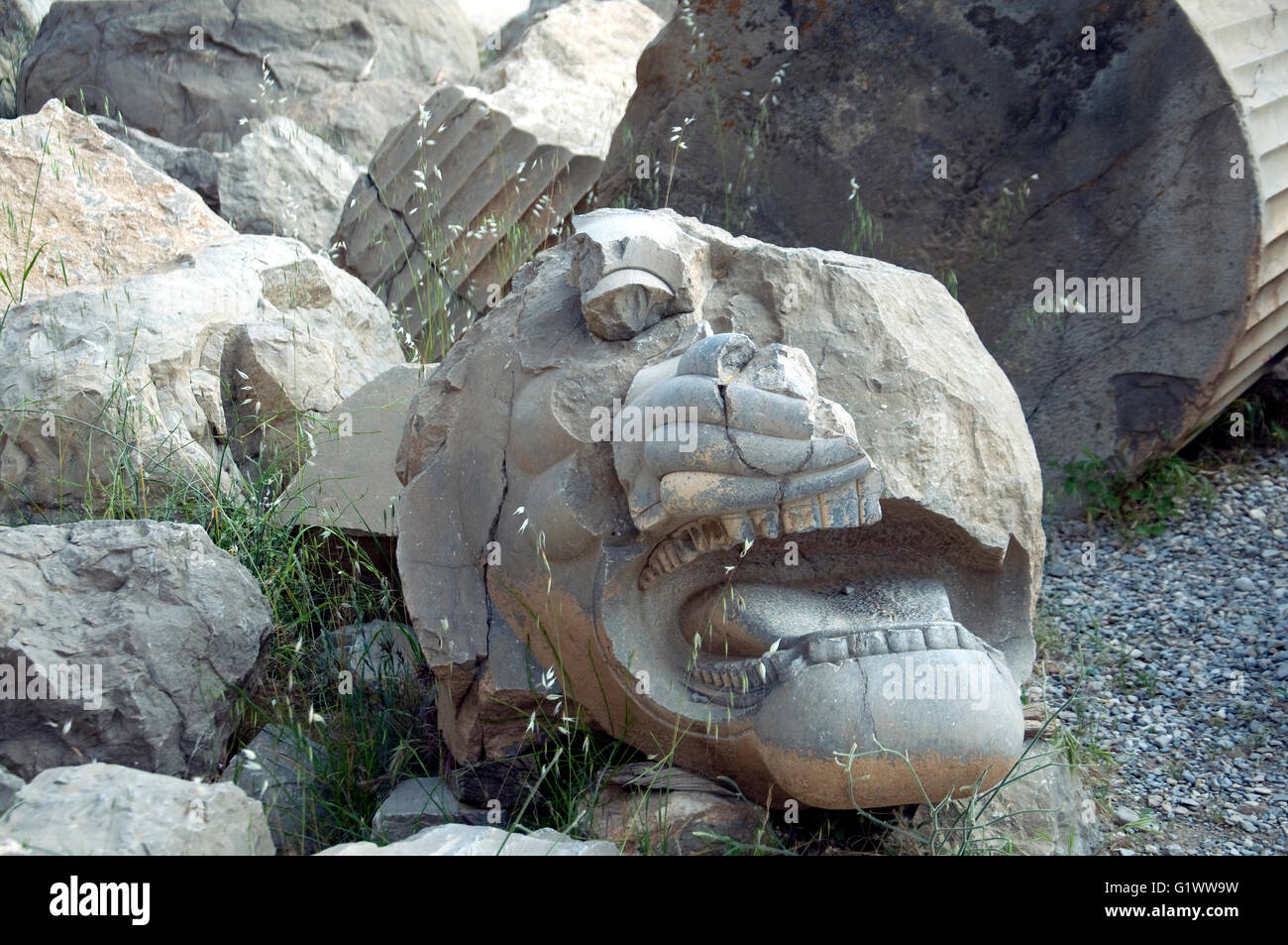 Burattati massi, alcuni parzialmente intagliati, giacciono tra superba Persepolis scavi di palazzi e pietre scolpite Foto Stock