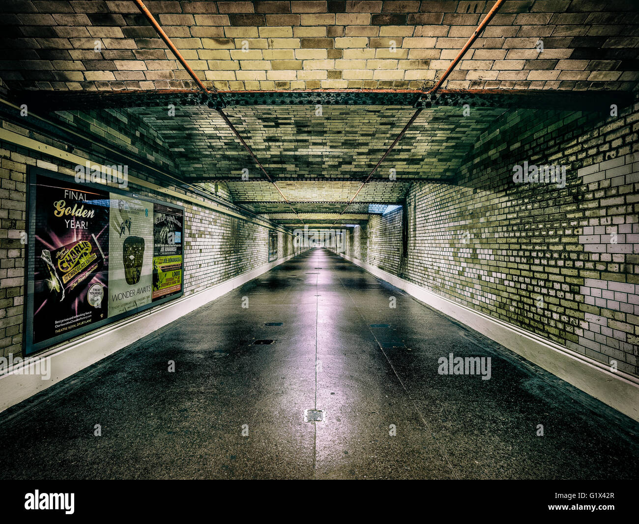 Il tunnel pedonale che conduce dalla stazione di South Kensington a Exhibition Road a Londra su un inizio di mattina di sabato. Foto Stock