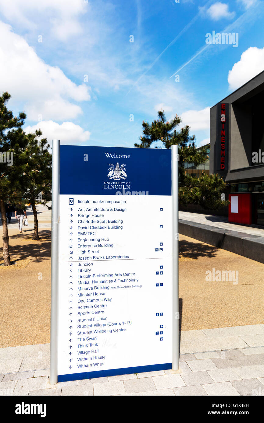 Università di Lincoln Brayford segno Campus Lincoln City Lincolnshire benvenuto scheda mappa REGNO UNITO Inghilterra città istruzione edificio Foto Stock