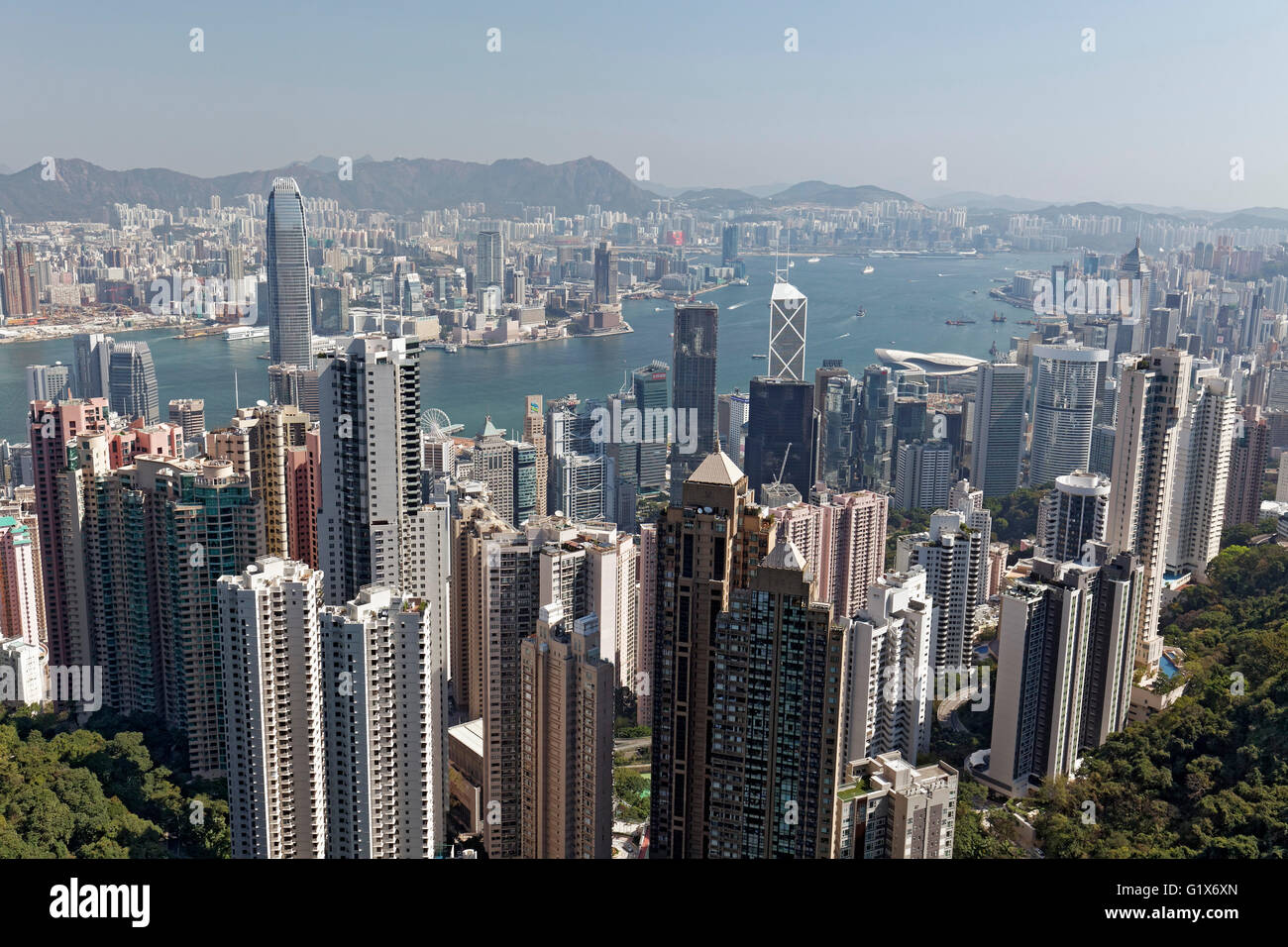 Grattacielo, grattacieli nel distretto centrale, del porto di Victoria e di Kowloon, vista dal picco, il Victoria Peak, Isola di Hong Kong Foto Stock