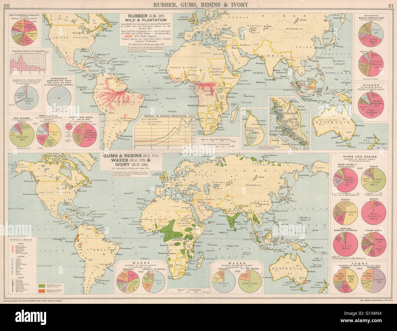 Mondo. Gomma, gomme, resine & produzione di avorio. Ceylon & Malaya, 1925 mappa vecchia Foto Stock