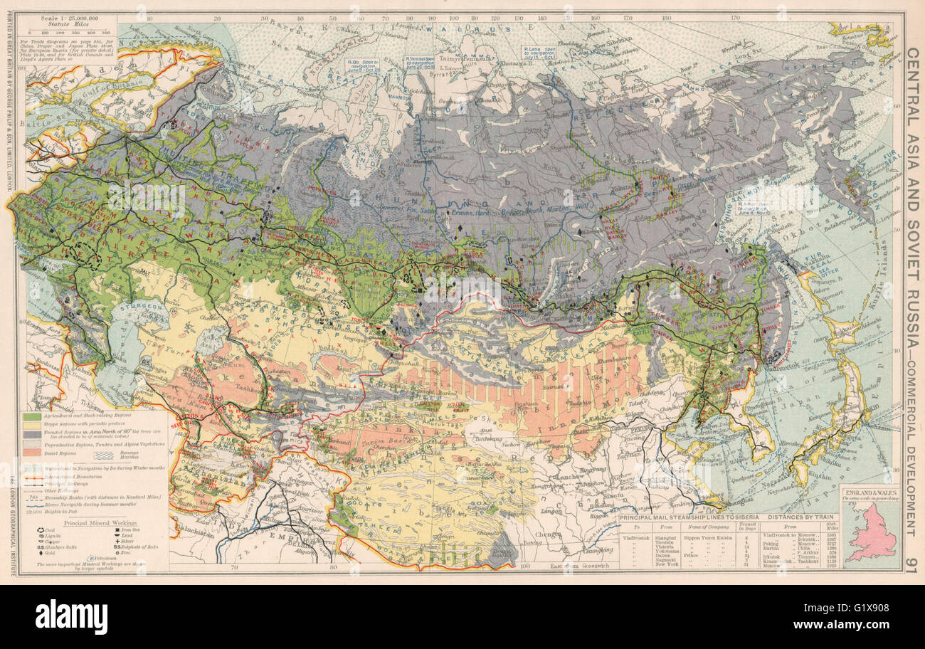 In Asia centrale e la Russia sovietica. Agricultual commerciale dei minerali e miniere, 1925 Mappa Foto Stock
