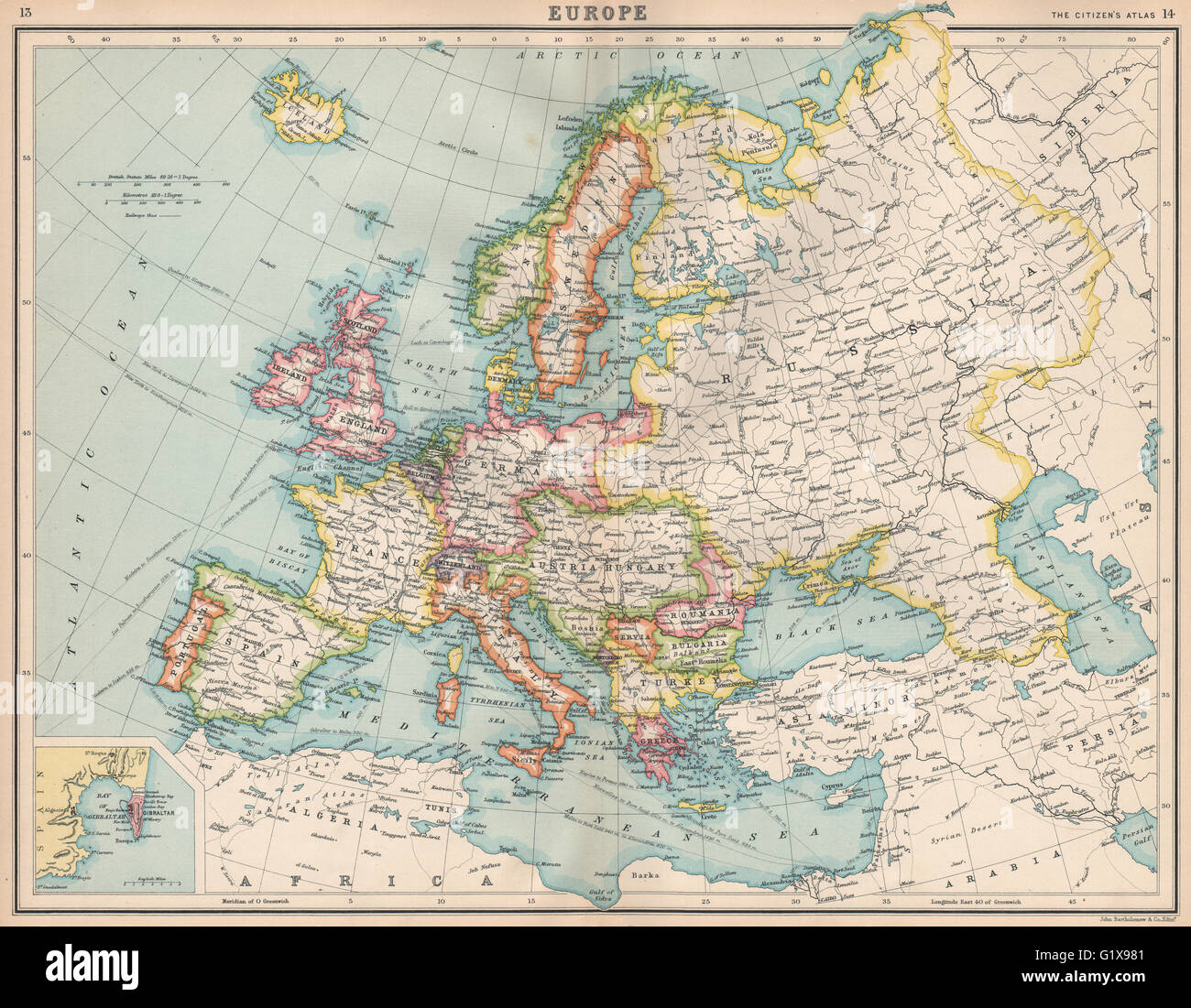 L'Europa. Mappa politico. I percorsi di spedizione. I cavi del telegrafo. Bartolomeo, 1912 Foto Stock