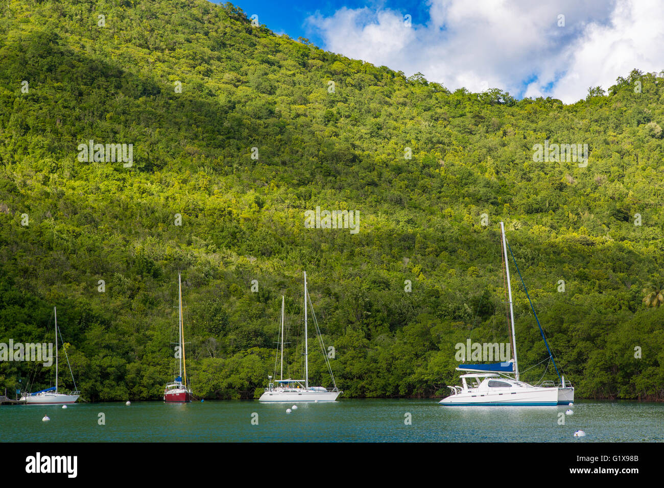 Barche ormeggiate nel piccolo porto di Marigot Bay, Santa Lucia, West Indies Foto Stock
