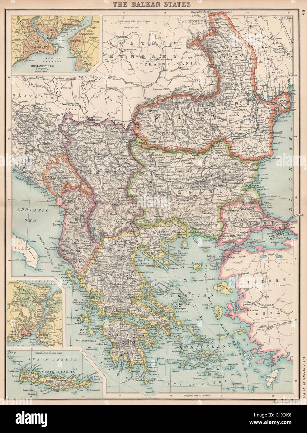 Balcani. La Turchia in Europa la Grecia Valacchia. Costantinopoli (Istanbul) , 1912 mappa Foto Stock
