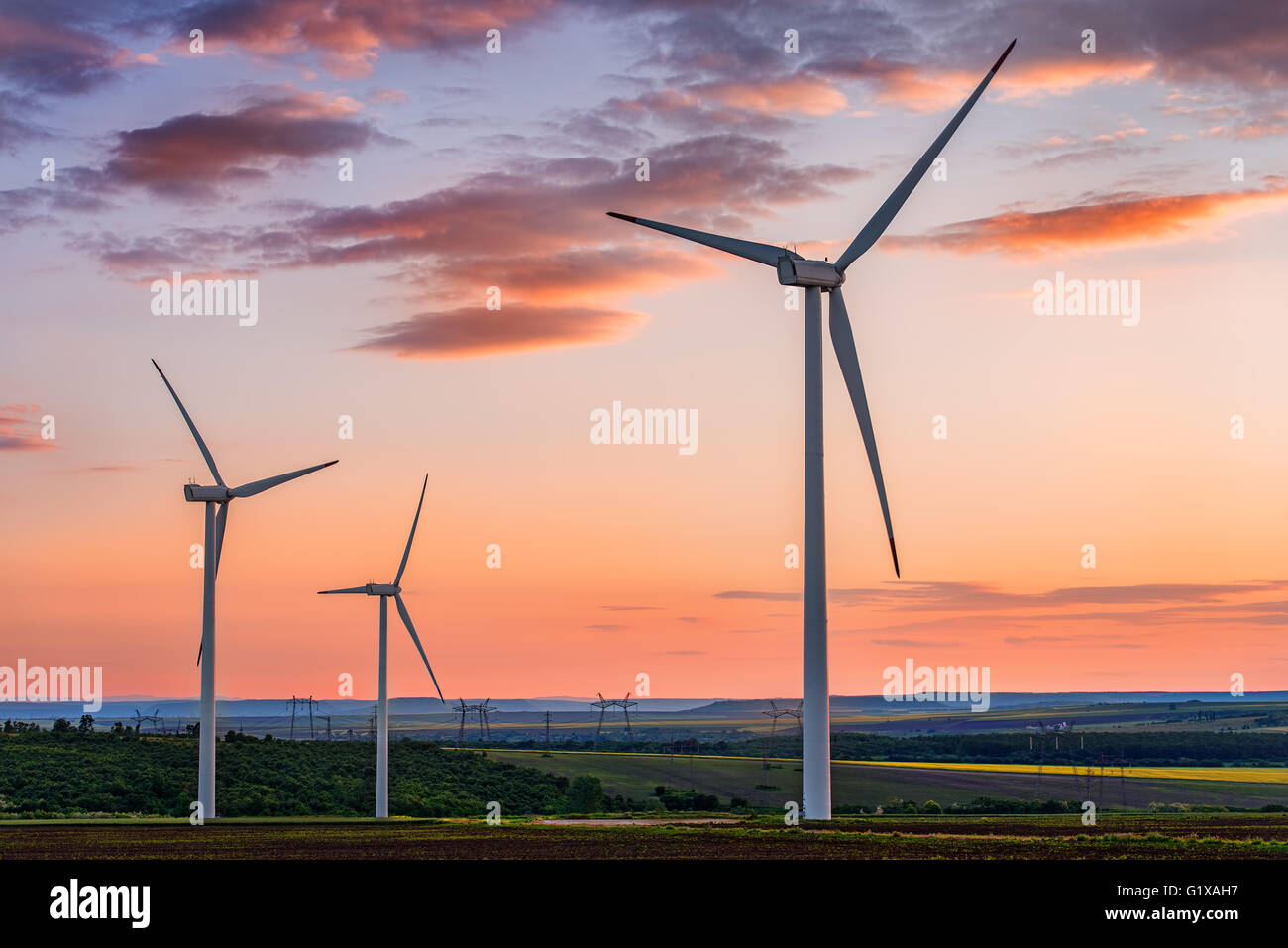 Bel tramonto sopra i mulini a vento sul campo Foto Stock