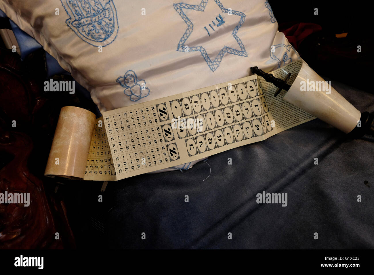 Una chiocciola con alfabeto ebraico per il tradizionale primo taglio di capelli di 3-anno-vecchio religioso i ragazzi ebrei dentro la tomba di Rabbi Meir Baal Hanes che visse intorno a 217 CE ed è considerata un grande pellegrinaggio ebraica sito in Israele che si trova nella città di Tiberiade Israele Foto Stock