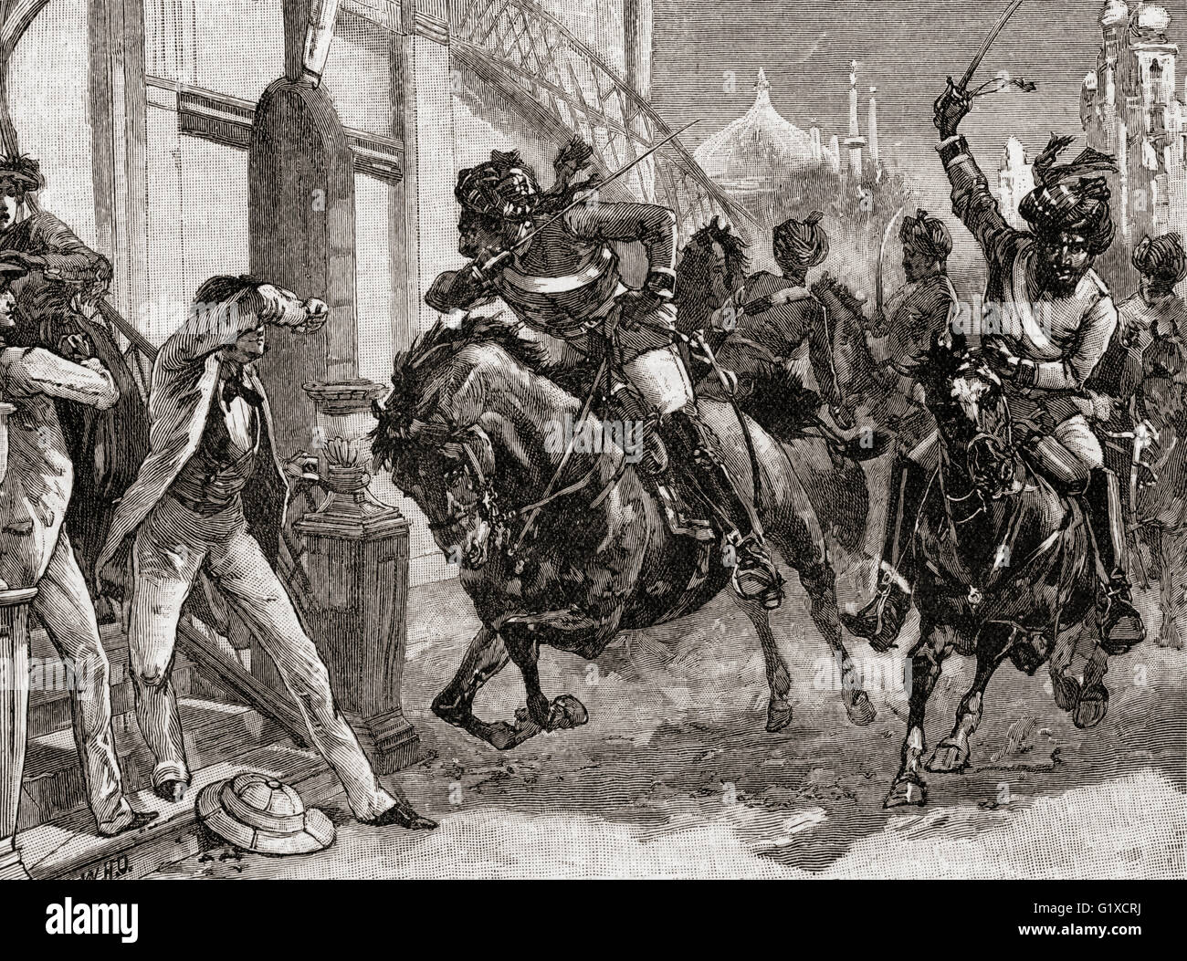 Sepoys ribelle a Delhi, India allo scoppio della ribellione indiana, 1857. I funzionari europei e i loro familiari, i cristiani indiani e i negozianti ordinari sono stati uccisi. Foto Stock