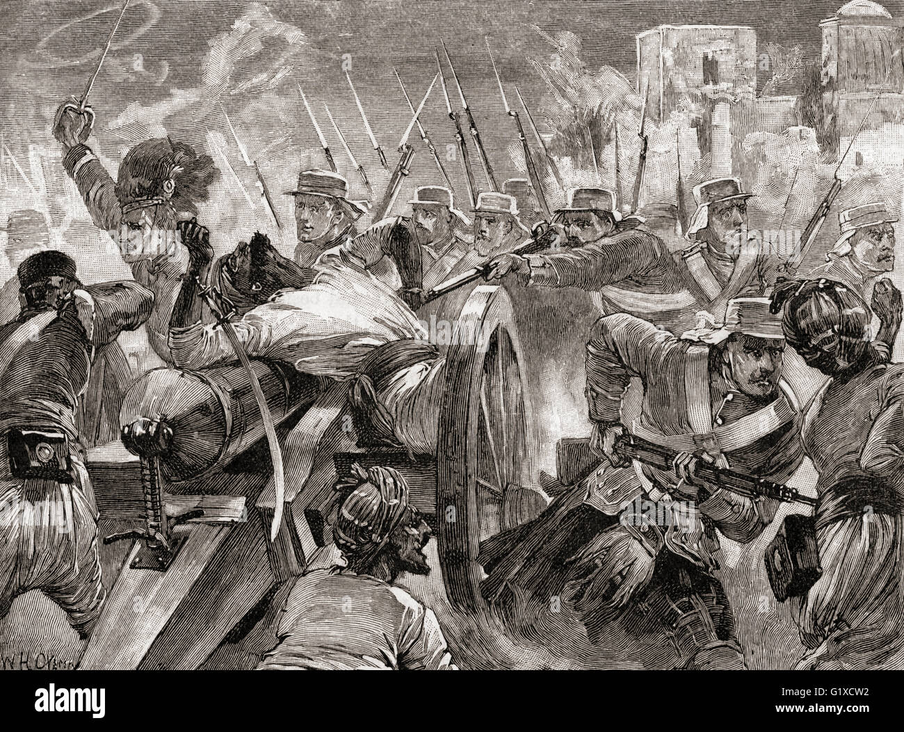 Soldati sotto il comando del Maggiore Generale Sir Henry Havelock riacquisire le pistole a Cawnpore dai ribelli durante l ammutinamento indiano del 1857. Foto Stock