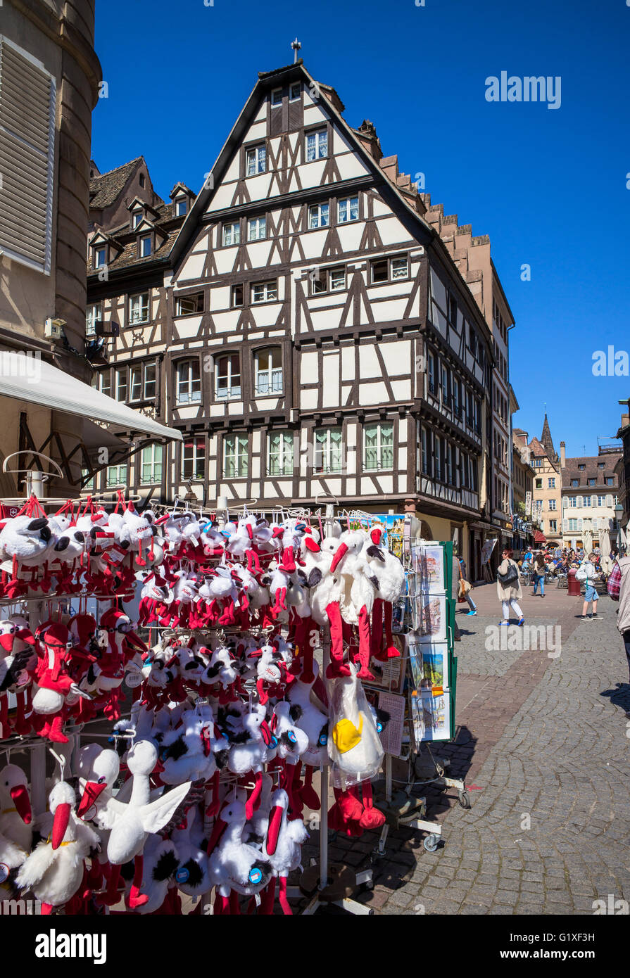 Negozio di souvenir vendita di Stork peluche e casa in legno e muratura, Strasburgo, Alsazia, Francia, Europa Foto Stock