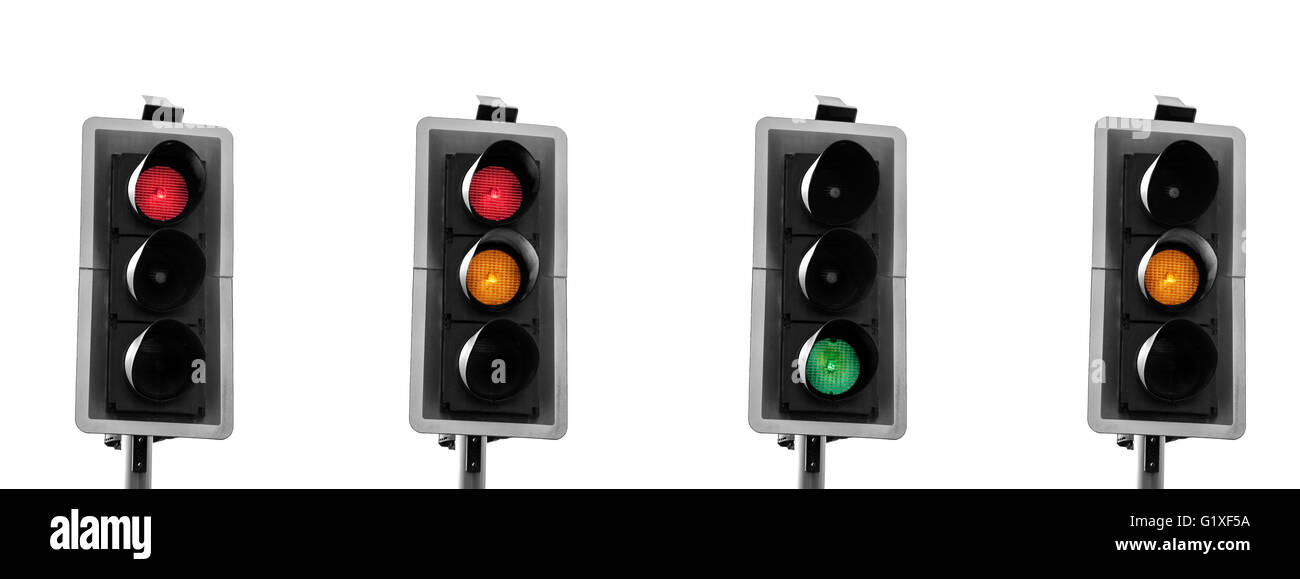Regno Unito semafori sequenza in formato panorama. In bianco e nero con solo le luci colorate. Foto Stock