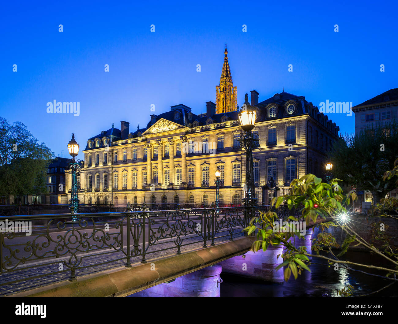 Palais Rohan, Palazzo Rohan del xviii secolo e la cattedrale la guglia di notte, Strasburgo, Alsazia, Francia Foto Stock