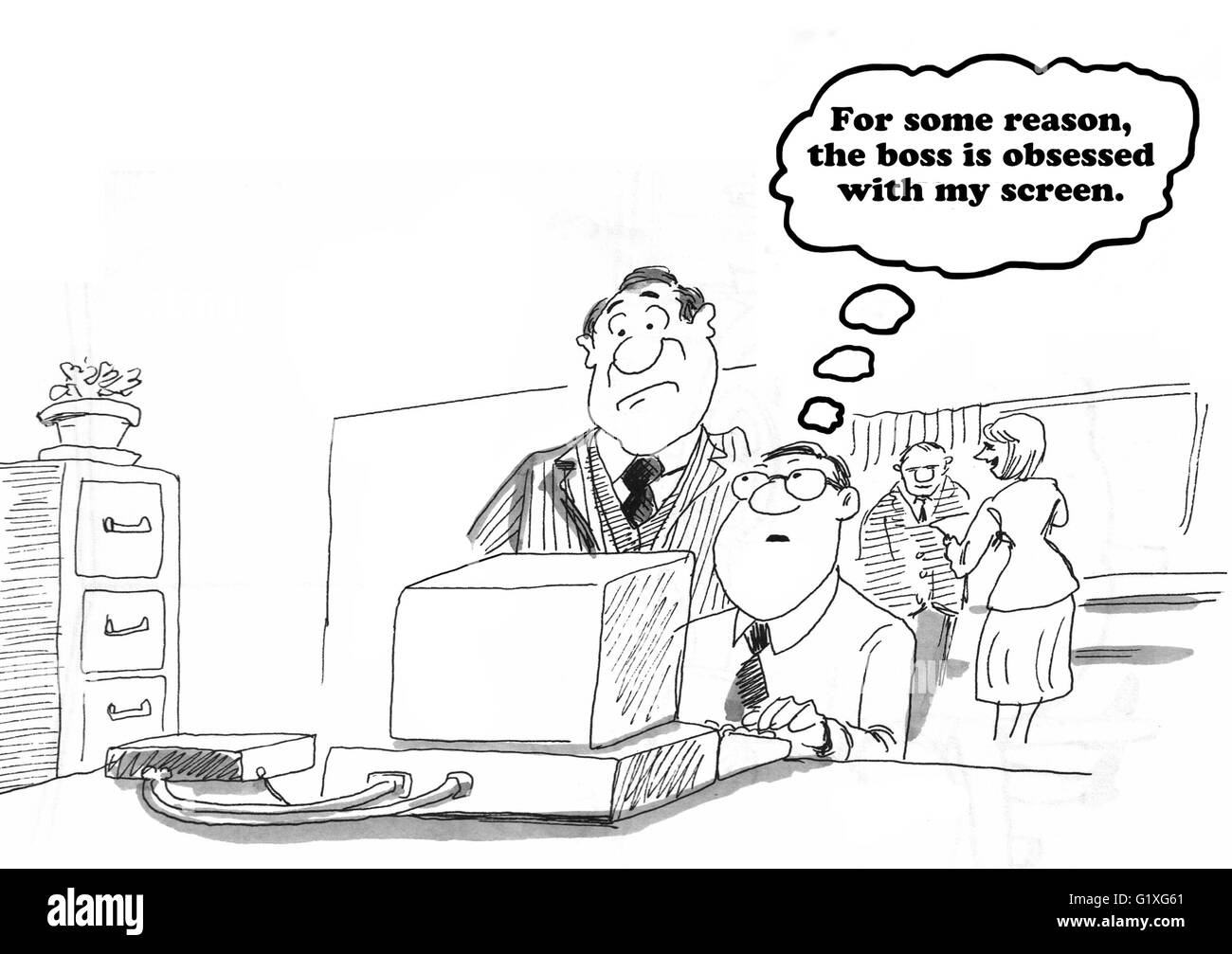 Business cartoon circa un boss in agguato sopra la spalla. Foto Stock
