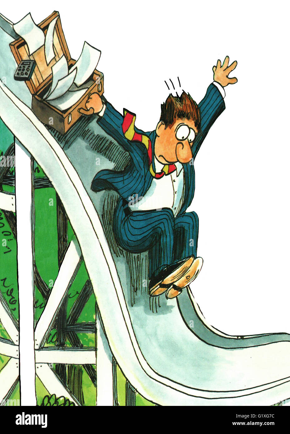 Illustrazione di business di un imprenditore che rientrano rapidamente verso il basso di una diapositiva. Foto Stock