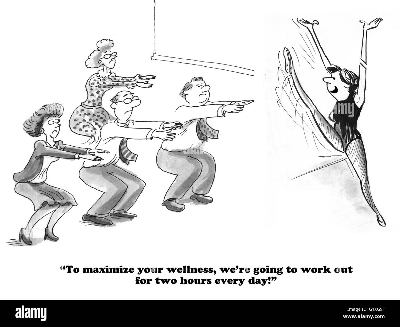 Business cartoon circa i lavoratori che esercitano durante le ore di lavoro per ridurre la salute costi di assicurazione. Foto Stock