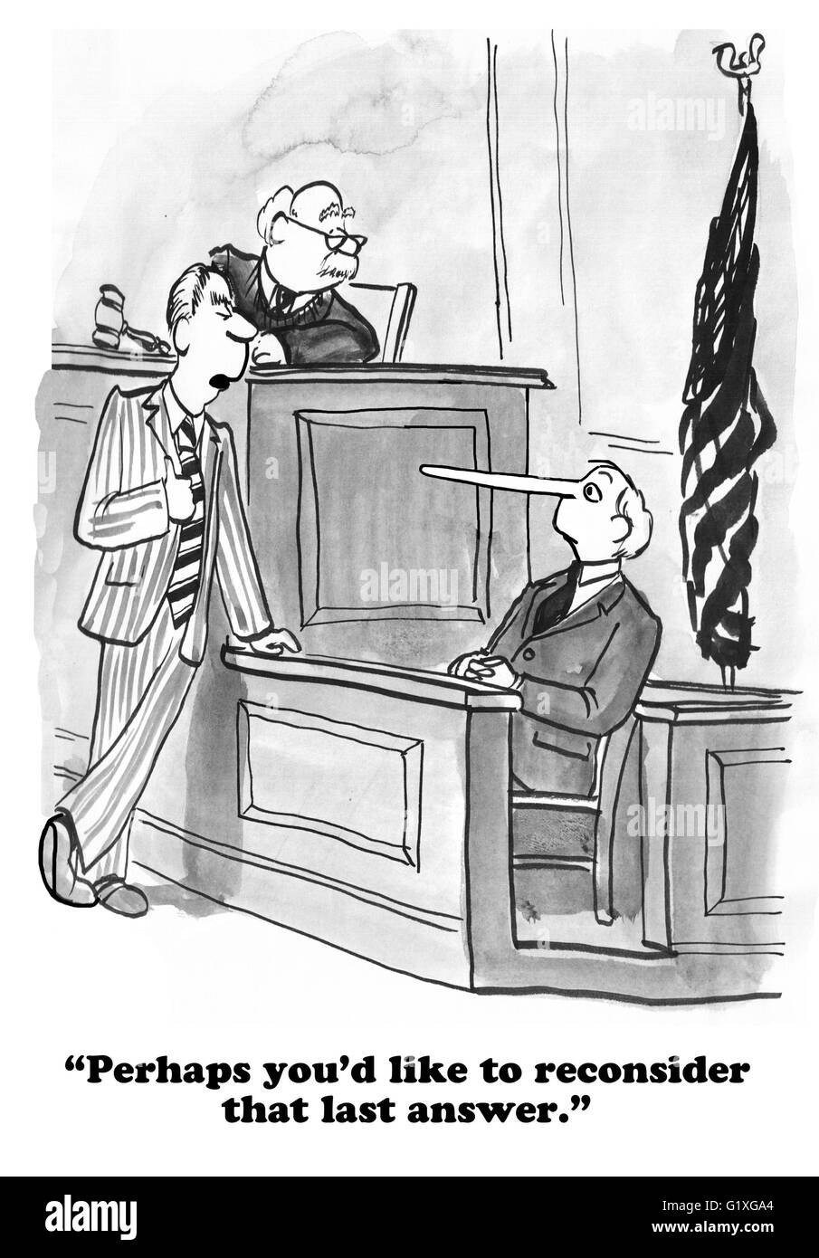 Cartoon giuridica circa un testimone giacente dopo aver prestato giuramento. Foto Stock