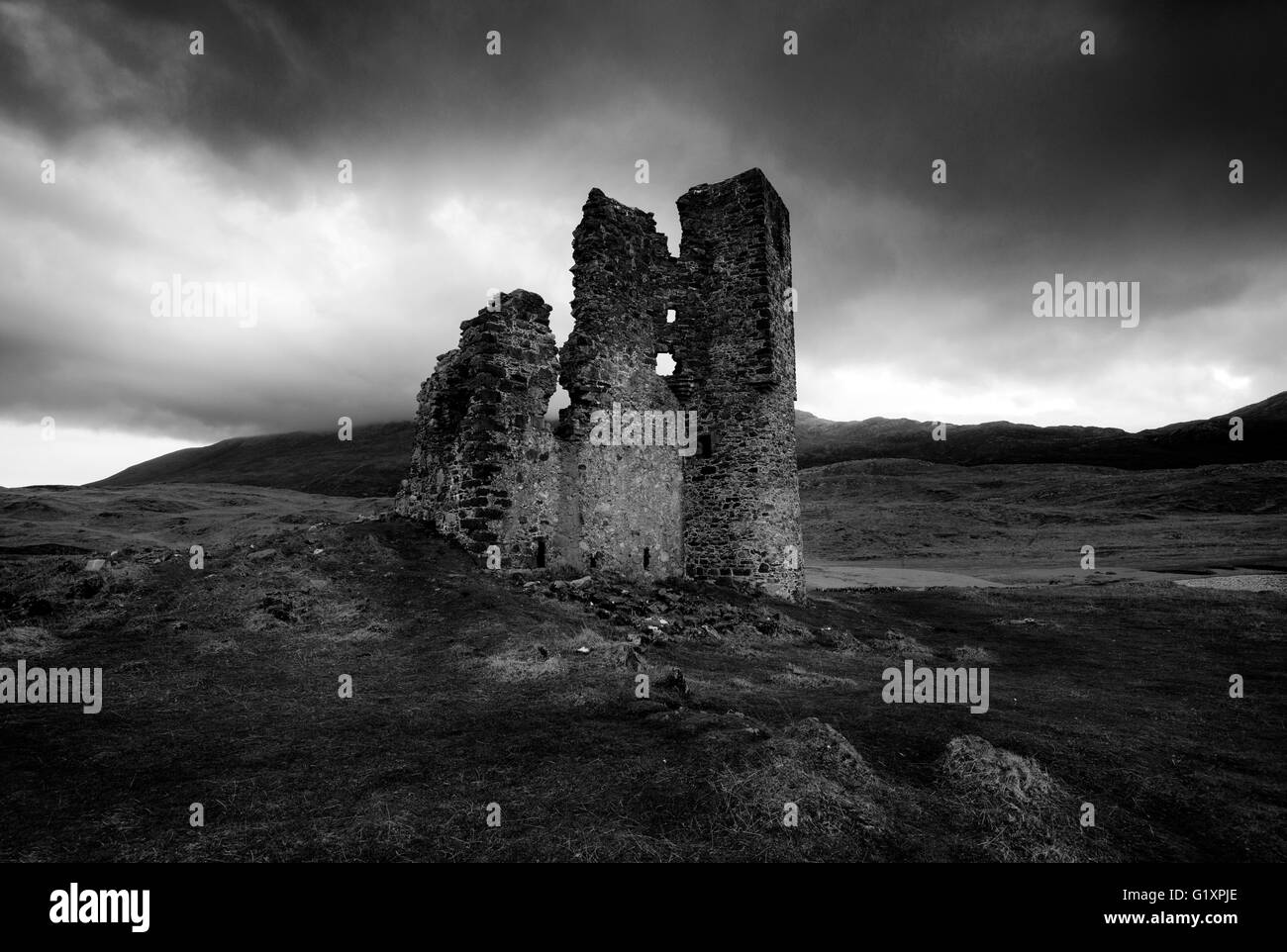 Monocromatico moody. La luce del mattino al castello di Ardvreck, sul Loch Assynt Suthlerland in Scozia UK Foto Stock