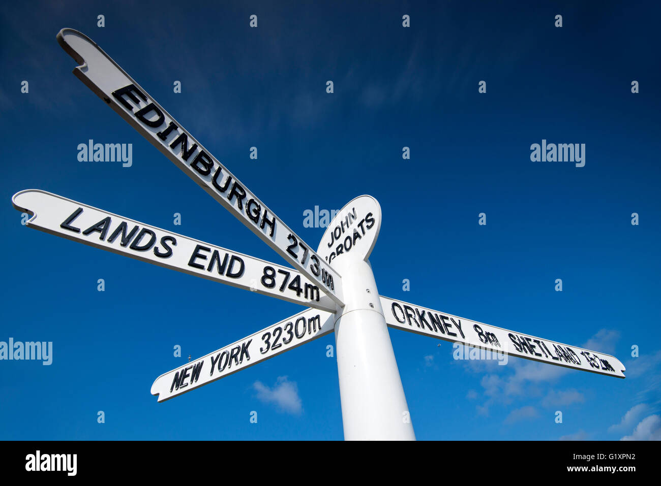 Cartello iconica contro un cielo blu a John O'Semole, Caithness in Scozia UK Foto Stock