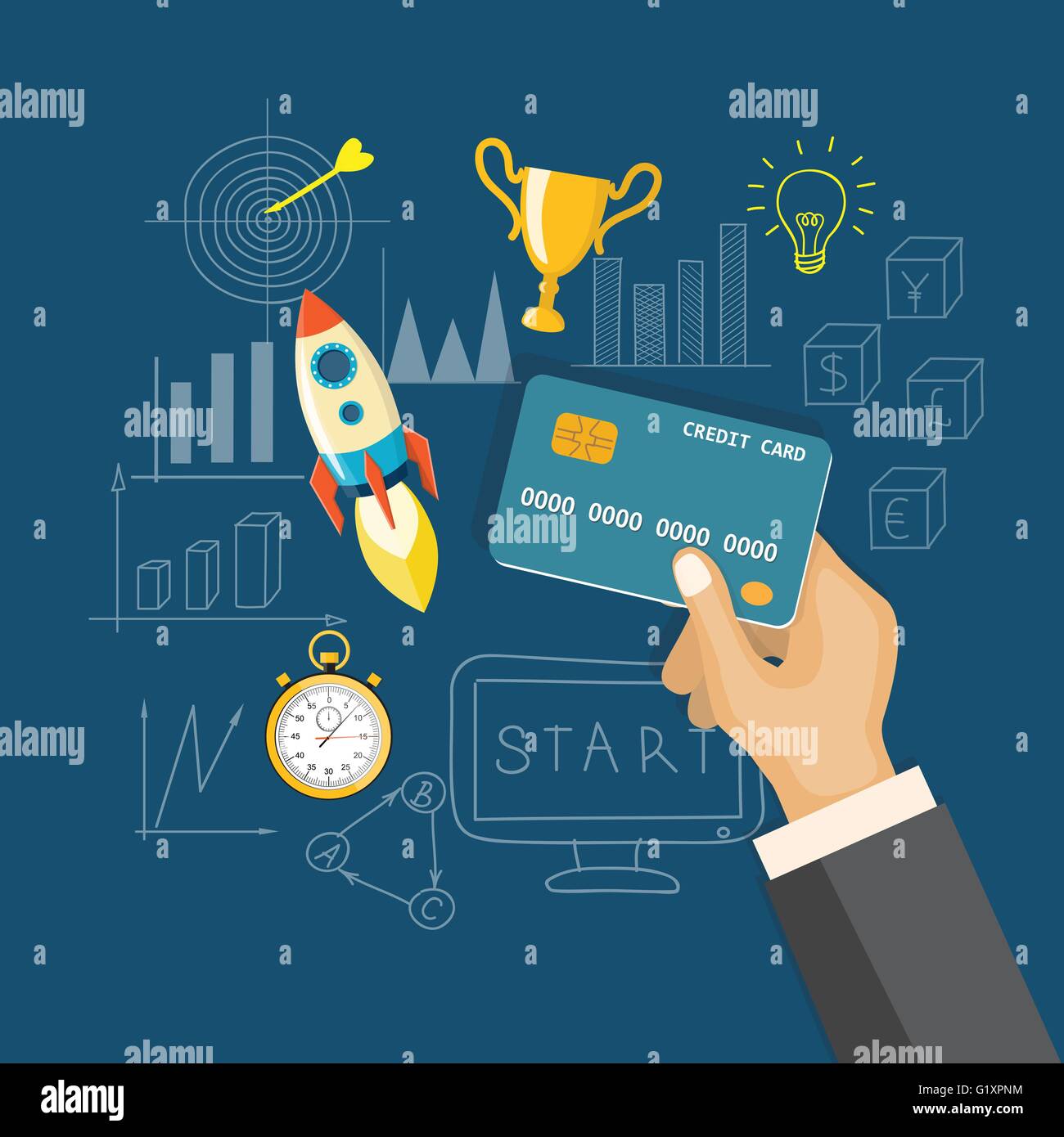 Appartamento illustrazione vettoriale. mano con carta di credito, il cronometro a razzo, vincitore coppa e disegnati a mano i simboli aziendali sul blu scuro Illustrazione Vettoriale