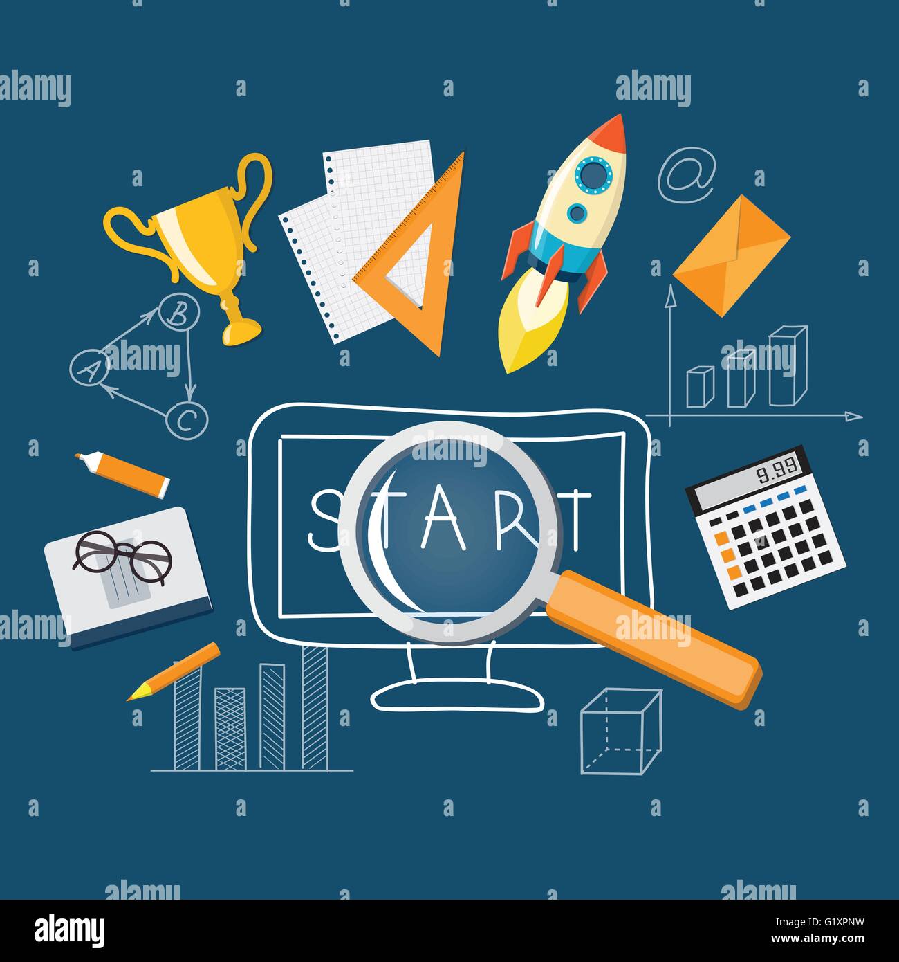 Appartamento immagine vettoriale loupe con ufficio icone e disegnati a mano i simboli aziendali su sfondo blu. eps 10 Illustrazione Vettoriale