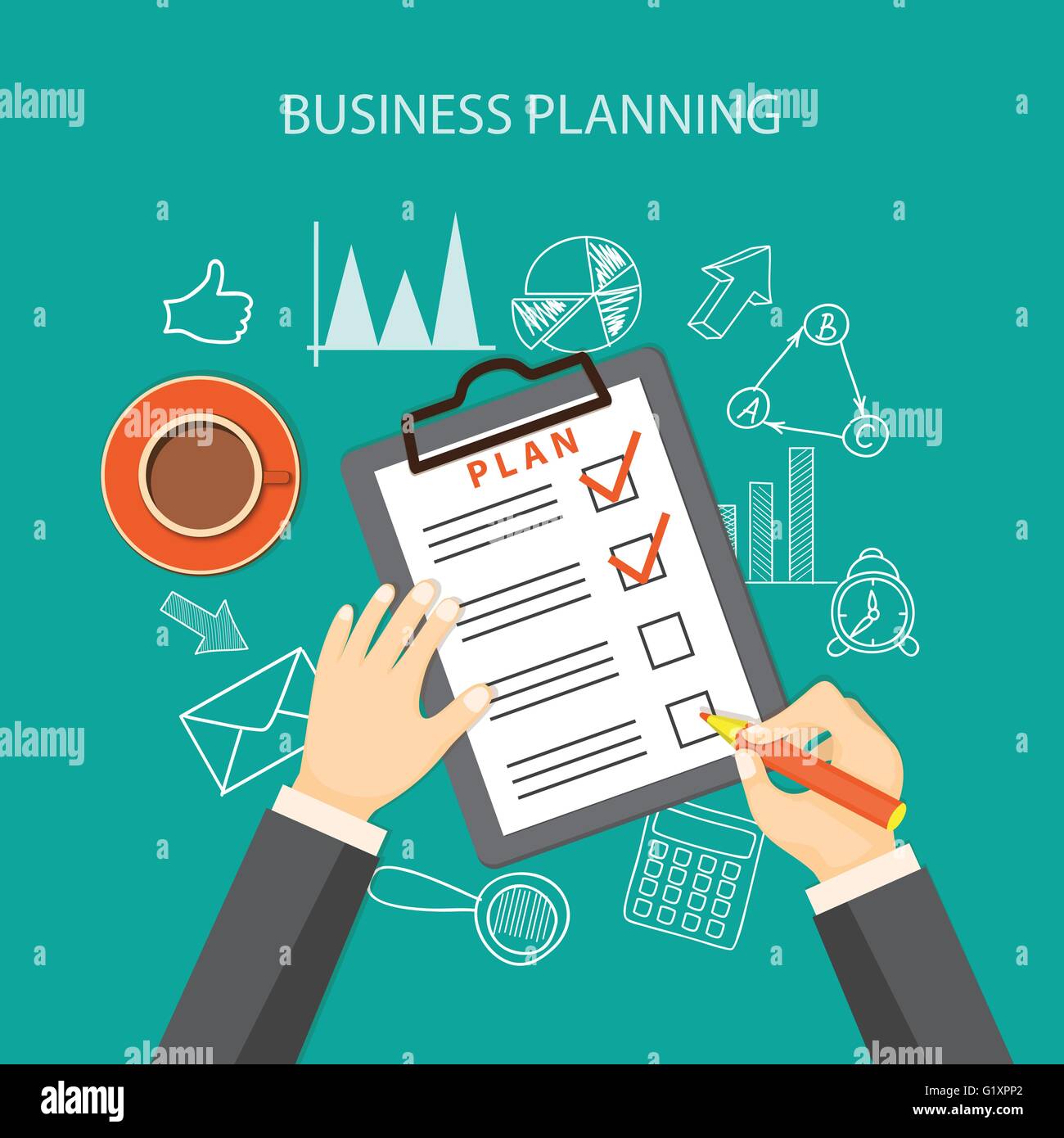 Appartamento illustrazione vettoriale. mano con carta, matita del piano, una tazza di caffè e disegnati a mano i simboli aziendali. eps 10 Illustrazione Vettoriale