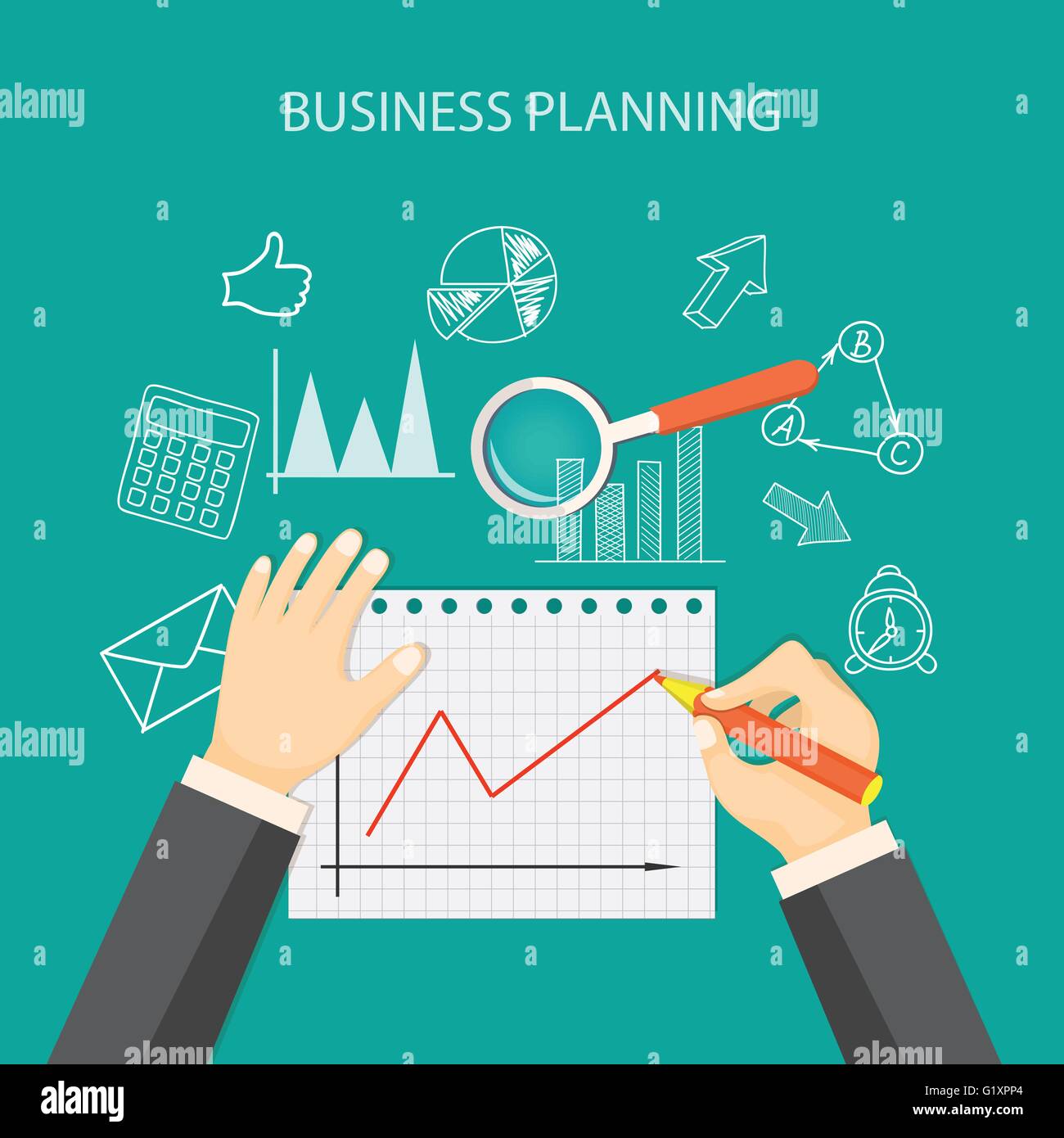 Appartamento illustrazione vettoriale. mani con carta, matita di un grafico, lente di ingrandimento e disegnati a mano i simboli aziendali. eps 10 Illustrazione Vettoriale