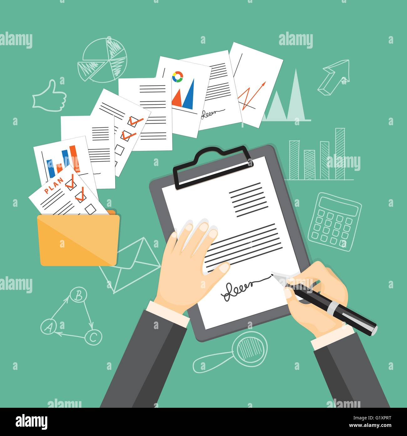 Appartamento illustrazione vettoriale. mani con penl, carta,cartella e disegnati a mano i simboli aziendali. eps 10 Illustrazione Vettoriale