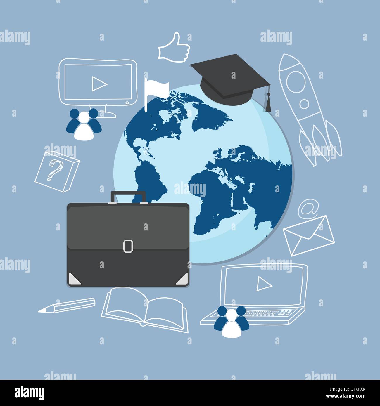 Design piatto moderno vettore illustrazione concetto di business webinar on line seminario, news con valigetta, Globe e cappuccio accademico Illustrazione Vettoriale