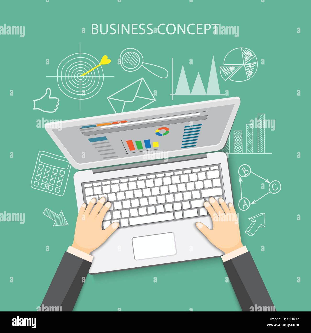 Appartamento illustrazione vettoriale. mano con laptop e disegnati a mano i simboli aziendali. eps 10 Illustrazione Vettoriale