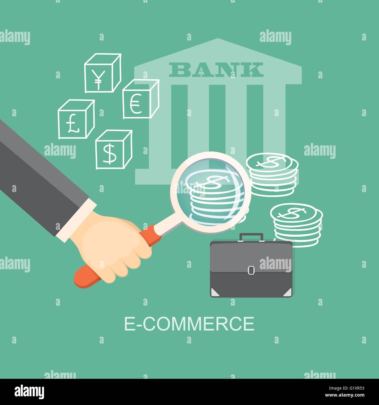 Appartamento illustrazione vettoriale. mano con lente di ingrandimento, valigetta e disegnati a mano i simboli aziendali. eps 10 Illustrazione Vettoriale