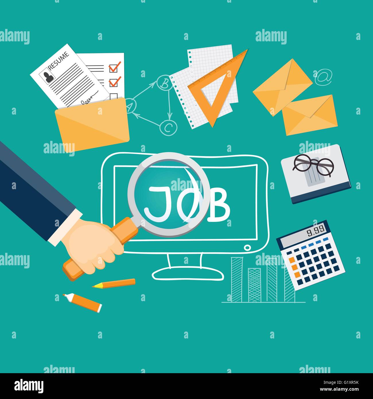 Appartamento illustrazione vettoriale. mano con lente di ingrandimento, icone e disegnati a mano i simboli aziendali. eps 10 Illustrazione Vettoriale