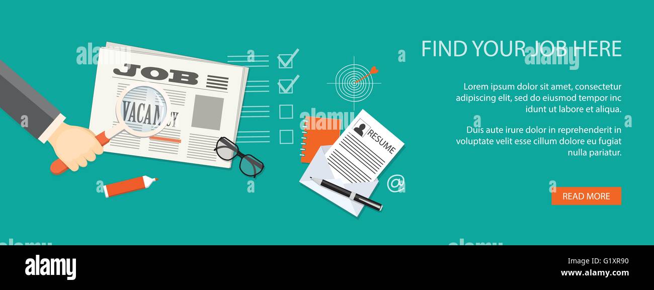 Design piatto moderno vettore illustrazione concetto aziendale con lente di ingrandimento in mano, giornale, icone e disegnati a mano i simboli. eps 1 Illustrazione Vettoriale