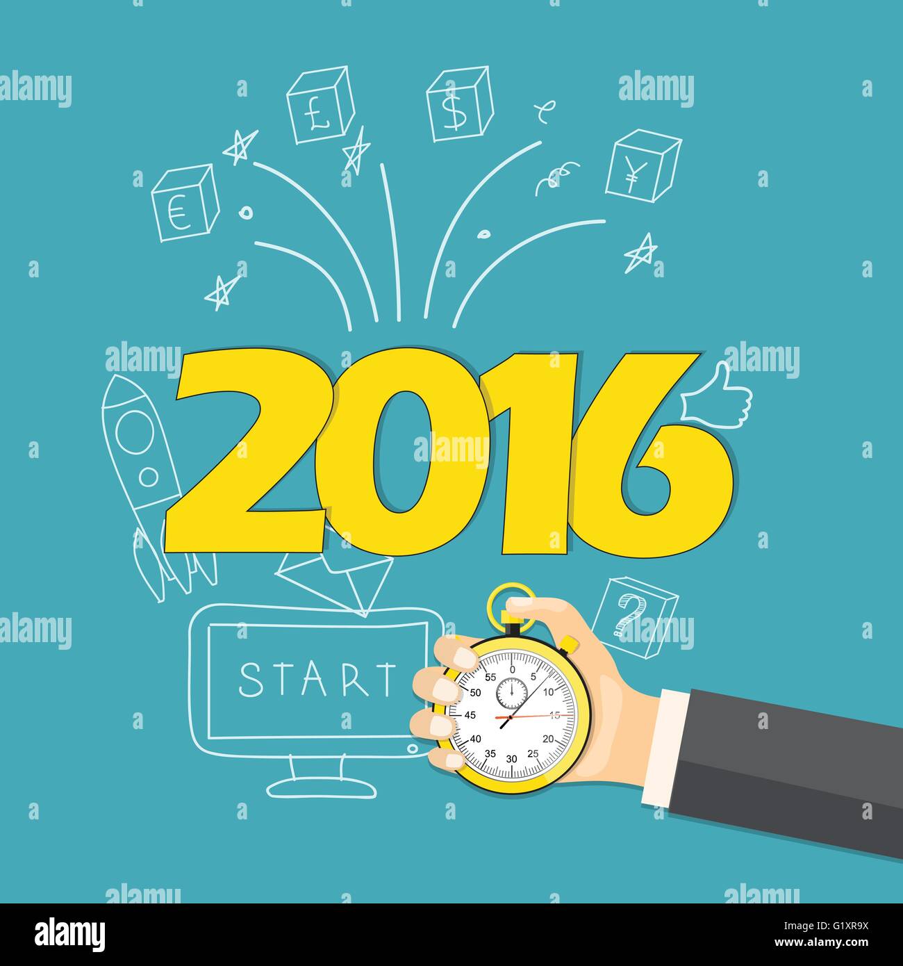 Appartamento illustrazione vettoriale. mano con cronometro e disegnati a mano i simboli aziendali sul nuovo anno di sfondo con simboli 2016 Illustrazione Vettoriale