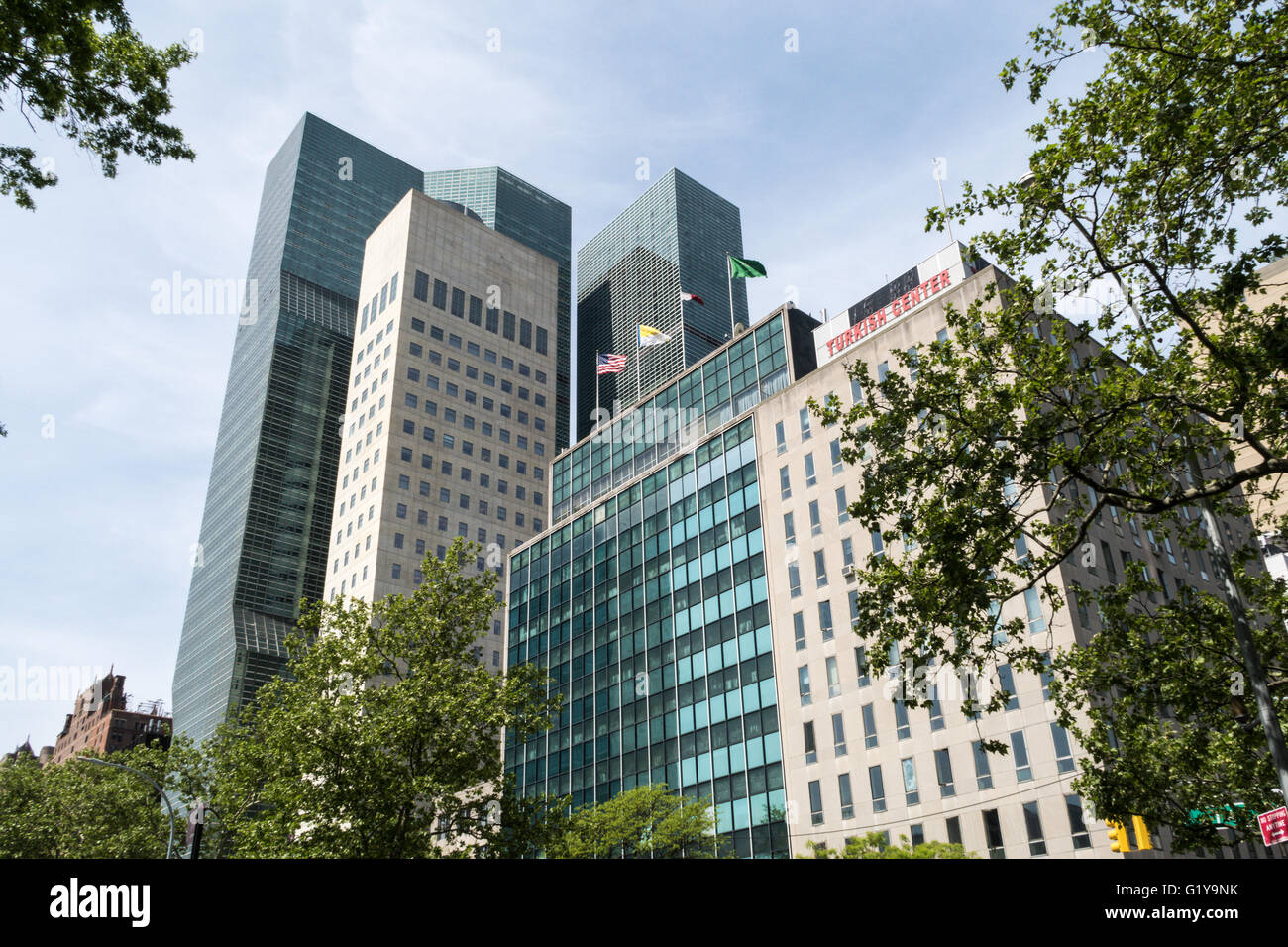 Architettura in Nazioni Unite Plaza quartiere, NYC Foto Stock