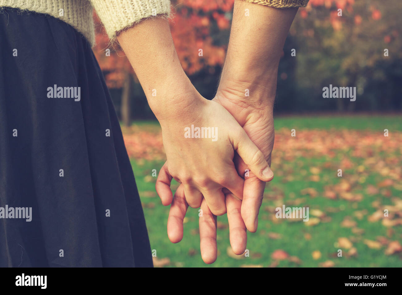 Chiudere fino a un paio di tenendo le mani nel parco in autunno Foto Stock