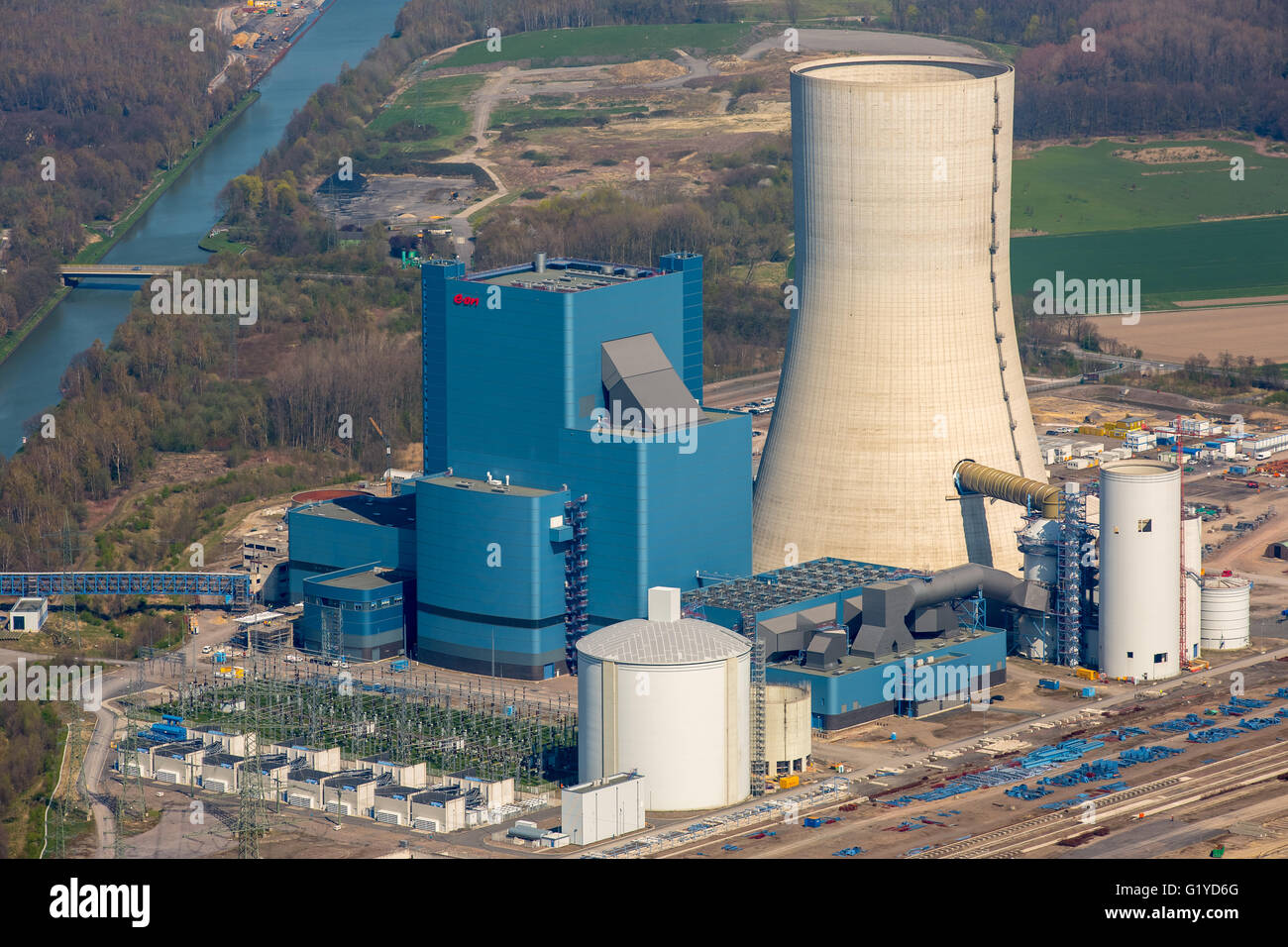 Vista aerea, EON, E: su 4 Datteln, carbone vegetale, uscita di carbone e di energia di transizione di energia fossile, edificio freeze, la torre di raffreddamento, Foto Stock